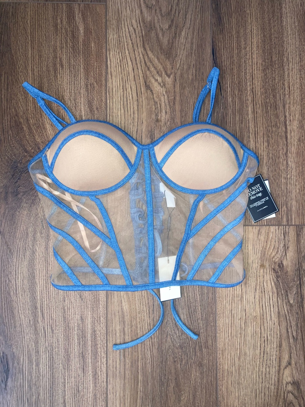 JLUXLABEL Sheer Bustier Bralette with Bright Blue denim Trim size L new